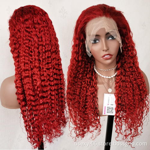 Pre plucked deep wave red lace front wigs for black women virgin brazilian hair transparent hd lace frontal red wigs human hair